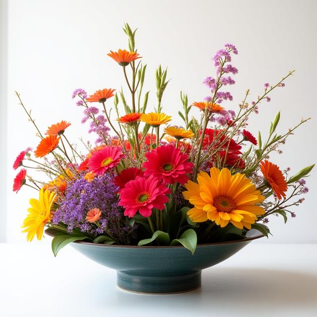A contemporary Moribana style Ikebana arrangement with vibrant flowers.